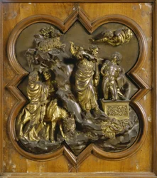 Izsák feláldozása. A Paradicsom kapuja (a keresztelőkápolna keleti kapuja) eredeti táblája, restaurálás után. Aranyozott bronz, 1425-52. Museo del Bargello, Firenze.