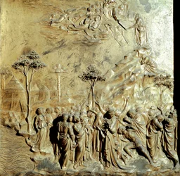 Mózes megkapja a törvény tábláit A Paradicsom Kapujának eredeti táblája (Keresztelő keleti kapuja), helyreállítás után. Arany bronz, Lorenzo Ghiberti (1378-1455)