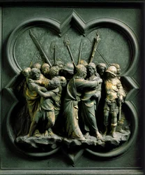 Északi kapu (északon a Kereszt kapujának nevezik), külső részlet: „Júdás csókja”. Lorenzo Ghiberti (1378-1455) bronzszobra