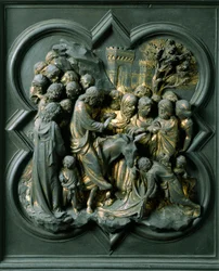 Északi kapu (északon keresztkapunak hívják), külső részlet: „” Jeruzsálem bejárata”” Lorenzo Ghiberti (1378-1455) bronzszobra