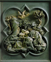 Északi kapu (északon keresztkapunak hívják), külső részlet: „Krisztus imája az olajfák kertjében” Lorenzo Ghiberti (1378-1455) bronzszobra
