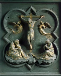 Északi porta (északon keresztkapunak hívják), külső részlet: „” a keresztre feszítés”” Lorenzo Ghiberti (1378-1455) bronzszobra