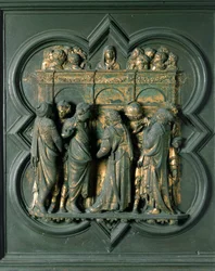 North Porte (északon Porte de la Croix néven), külső részlet: "" Pünkösd"" Lorenzo Ghiberti (1378-1455) bronzszobra