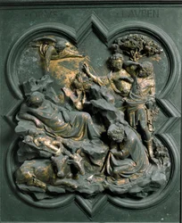 North Porte (északon Porte de la Croix néven), külső részlet: a Nativita. Lorenzo Ghiberti (1378-1455) bronzszobra