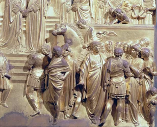 Salamon király és Sába királynője találkozása, részlet a kísérőkről, a Keresztelőkápolna keleti ajtaja eredeti táblájáról, 1425-52 aranyozott bronz utórestaurálás