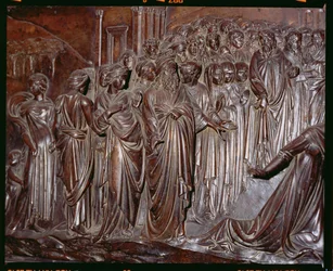 Szent Zenobius kegyhely, a tömeg részlete a Strozzi fiú csodájából, 1432-42 körüli 97641 bronz részlet