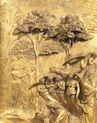 Ádám története, Ádám és Éva megkísértésének részlete, a Keresztelőkápolna keleti ajtaja egyik eredeti táblájáról, 1425-52 aranyozott bronz utórestaurálás