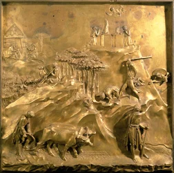 Káin és Ábel története: Az áldozat, Ábel meggyilkolása és Isten száműzi Káint, a keresztelőkápolna keleti kapujának eredeti táblája, 1425-52 (restaurálás után)