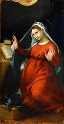 Angyali üdvözlet a Szűznek, 1525 körül, Lorenzo Lotto (1480 kb-1556), olaj, tábla, 82,5x42 cm