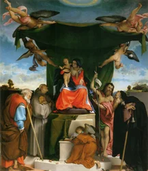 Német: Thronende Madonna, Engel und Heilige Madonna trónoló gyermek, angyalok és szentek társaságában.