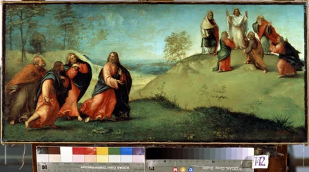 Krisztus a Tábor hegyére vezeti az apostolokat. Krisztus színeváltozásának helye Izraelben. Lorenzo Lotto festménye (1480-1556)