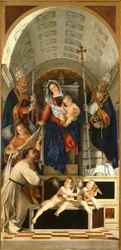 Madonna gyermekkel és szentekkel Dominic, Gregory és Urban, San Domenico oltárkép főasztala Recanatiból Lorenzo Lotto (1480-1556), olaj, vászon, 227x108 cm