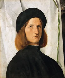 Reneszánsz: Fiatal férfi portréja fehér függöny előtt, Lorenzo Lotto (1480-1556) műve, kb. 1508. Olaj, fa, 42,3 x 35,3. Művészettörténeti Múzeum, Bécs