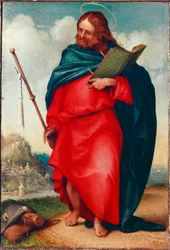 Pelerin Szent Jakab ábrázolása Őrnagy Szent Jakab vagy Szent Jakab, Zebedeus fia. Lorenzo Lotto festménye (kb. 1480-1556) 1510-1512 Dim. 20x15 cm Recanati, Pinacoteca