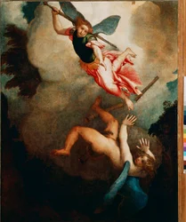 Szent Mihály Lucifert üldözi. Lorenzo Lotto (1480-1556) festménye, 1551-1555. Nap. 167 x 135 cm, Loreto, Palazzo Apostolico