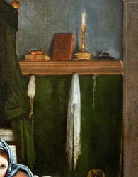 Polc kandeláberekkel és könyvekkel, részlet az Angyali üdvözletből, kb. 1434, Lorenzo Lotto (1480-1556), olaj, vászon