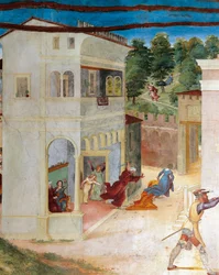 Szent Borbálát megtámadta az apja, részlet a Christ-Vine-ből és a Szent Borbála legendája, Lorenzo Lotto (kb. 1480-1556), freskó, részlet, Villa Suardi, Capella Suardi, Trescore Balneario