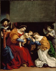 Szent Katalin misztikus házassága Alexandriai Szent Katalin misztikus esküvője” Bal oldalon Niccolo Bonghi, a festő gazdája. Lorenzo Lotto festménye (kb. 1480-1556) 1523 Dim. 189 x 134 cm Bergamo, Accademia Carrara