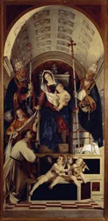 Szűz és gyermek Szent Dominikával, Szent Gergely-vel és Szent Urbánussal - A Recanati poliptikus központi része (1508, olaj, fa)