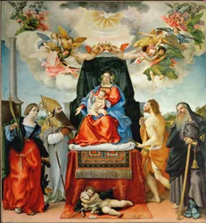 Szűzanya és gyermeke Alexandriai Szent Katalinnal, Szent Ágoston, Keresztelő Szent János, Szent Sebestyén és Szent Antal apát (festmény vászonra)