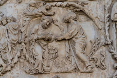 Gedeon gyapjú, részlet Jesse-fáról és messiási próféciák, Genezis történetei, Lorenzo Maitani domborművei (1275-1330 előtt), második pillér, Orvieto katedrális homlokzata, Umbria, Olaszország