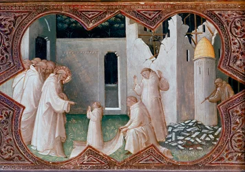 A Szűz megkoronázásának oltárképe: „Nursiai Szent Benedek feltámaszt egy szerzetest”. Tempera fatáblán (1370-1424), 1413. Firenze, Uffizi Képtár