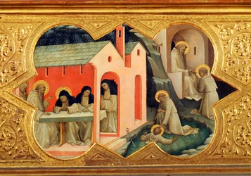 Szent Bernardin és Szent Benedek története, a Szűz megkoronázása predellájának részlete