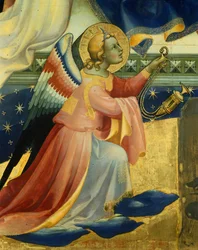 Térdelő angyal, Lorenzo Monaco (kb. 1370-1425) Szűz koronázása című művének részlete, tempera és arany a panelen, 506x447, 5 cm