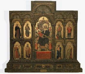 Madonna és gyermek a szentekkel – poliptikus (tempera és aranylevél a táblán, 14. század második fele)