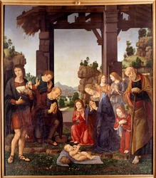 A Pásztorok imádása Lorenzo di Credi (1458-1537) festménye 15. század V. 2,24x1,96 m Firenze, galleria degli Uffizi (Irodák)