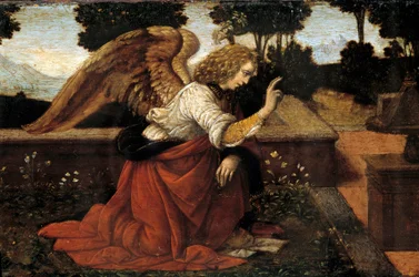 Lorenzo di Credi (1458-1537) 15. századi festményének részlete „Az Angyali üdvözlet” festménye. 0,16x0,6 m (Gábriel arkangyal). - Gabriel - Az Angyali üdvözlet részlete. Lorenzo di Credi (1458-1537) festménye