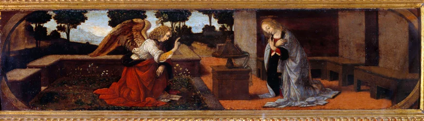 Lorenzo di Credi (1458-1537) Angyali üdvözlet festménye, 15. század V. 0,16x0,6 m