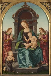 A Madonna és a gyermek Keresztelő Szent János csecsemővel és két angyallal - A Madonna és a gyermek a csecsemő Szent Jánossal és két angyallal, Lorenzo di Credi (1459-1537). Olaj, fa. Mérete: 66,5x43,5 cm. Nemzeti Múzeum Stockholm