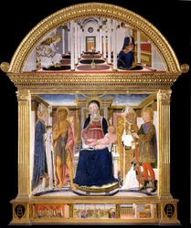 Madonna gyermekkel és szentekkel Blaise, Keresztelő János, Miklós és Flórián. Angyali üdvözlet, 1462