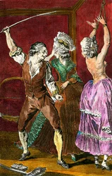 Erotika: nemesek szadomazochista élvezeteknek hódolnak, egy férfi megkorbácsol egy megkötözött nőt. Leroy metszete Louis Binet (1744-1800) rajza nyomán Restif de la Bretonne (1734-1806) „A perverz paraszt” című művéhez, 1775
