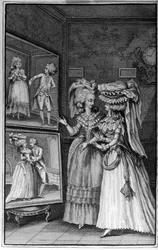 Louis Binet (1744-1800) illusztrációja Nicolas Edme Restif de La Bretonne „Les Parisiennes”, avagy XL általános jellem a jelenkori erkölcsökből, a női nemhez tartozó személyek oktatására, az erkölcsök új líceumának emlékirataiból merítve című könyvéhez