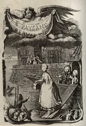 Restif de La Bretonne (1734-1806) francia író „Az elvetemült paraszt vagy a város veszélyei” című művének illusztrációja. Binet metszete a 18. századból.