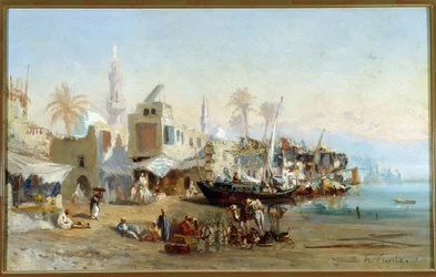 Halászok és mecsetek Boulack kikötőjében Egyiptomban Amable Louis Crapelet festménye (1822-1867) V. 41x64 cm Kötelező említés: Regards de Provence alapozó kollekció, Marseille