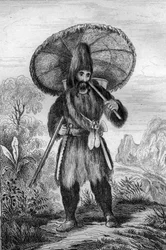 Magas kalapot viseltem... metszet M. de Sainson rajza nyomán Daniel Defoe könyvéhez (De foe) „Robinson Crusoe”” 1837-es francia kiadás.