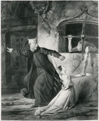 Sachette, Esmeralda és Claude Frollo, Victor Hugo (1802-85) „The Hunchback of Notre Dame” című művéhez illusztráció, 1831 (bw)