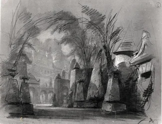 Victor Hugo (1802-85) „Les Burgraves” (1843) díszletterve (ceruza ? papíron) (f/w fotó)
