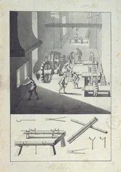L. Simonneau „Description des Arts et Métiers” rajza, L. Simonneau ágyúgyártása, amely Diderot-t az Encyclopédie-hez ihlette