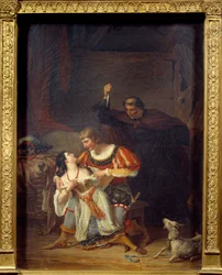 Frollo főesperes és Esmeralda Phoebus és Esmeralda beékelődik, Phoebus mögött Claude Frollo megjelenik egy tőrrel, hogy megölje riválisát a cigány szívében. Victor Hugo (1802-1885) „Notre Dame de Paris” illusztrációja. Auguste Couder festménye (17