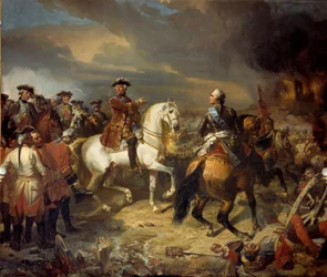 A Lawfeld-i csatát a szász marechal nyerte meg 1747.07.27-én XV. Lajos király francia hadserege győzött Cumberland herceg britjei felett. Louis Charles Auguste Couder (1789-1873) festménye 1836 V. 4,65x5,43 m - A laufeldi csata