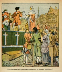 Bombled Louis (1862-1927) illusztrációja Emmanuel de Las Cases gróf (1766-1842) "Szent Heléna emlékezete" című könyvéből: Nyilvános kivégzés Angliában a 18. században, magángyűjtemény.