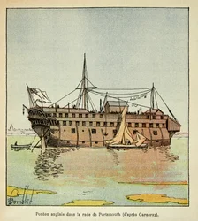 Bombled Louis (1862-1927) illusztrációja Emmanuel de Las Cases gróf (1766-1842) "Szent Heléna emlékezete" című könyvéből: Angol ponton a portsmouthi kikötőben, amely a franciák börtönéül szolgált, magángyűjtemény.