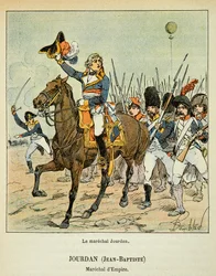 Bombázott Lajos (1862-1927) illusztrációja Emmanuel de Las Cases (1766-1842) gróf „Szent Heléna emlékműve” című könyvéből: Jean Baptiste Jourdan (1762-1833) marechal csapatai élén, Magángyűjtemény