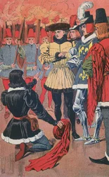 Jeanne of Arc felismeri VII. Károlyt Chinonban, Jules Michelet „Franciaország története” című művéből, 1900 körül (színes litó)