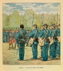 „A keleti hadsereg” Eugène Sergeant, azaz Grenest műve, Louis Bombled (1862-1927) illusztrációival (francia-porosz háború; az 1870-1871-es hadjárat): Dijonban, a Nemzeti Gárda raktára a parkban október 19-én