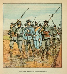 A Loire hadserege, Eugene Sergent, Grenest mellett, illusztrálta: Louis Bombled (1862-1927) (Francia-német háború; 1870-1871-es hadjárat): Freesinchers visszahozza a német foglyokat 1870 októberében, Magángyűjtemény